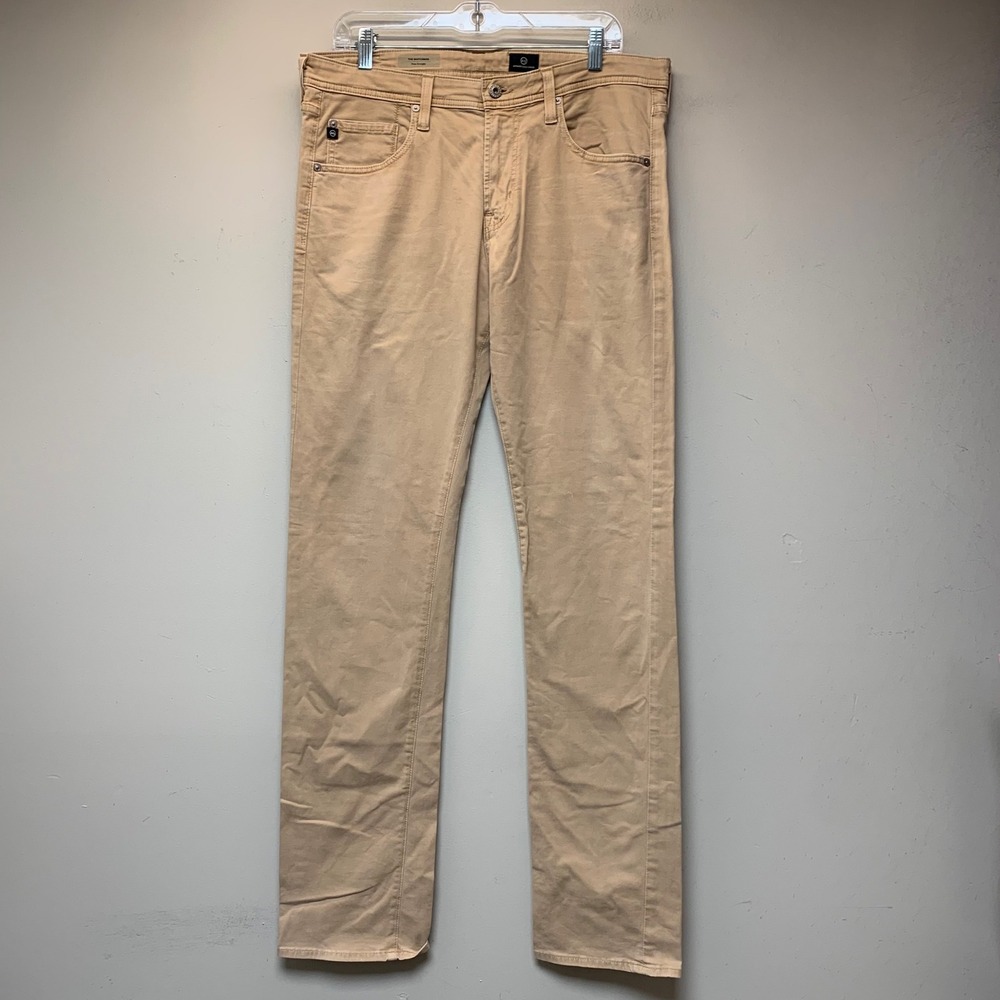AG Adriano Goldschmied Matchbox Pants Mens 34 Khaki Tan Excellent Slim Straight
